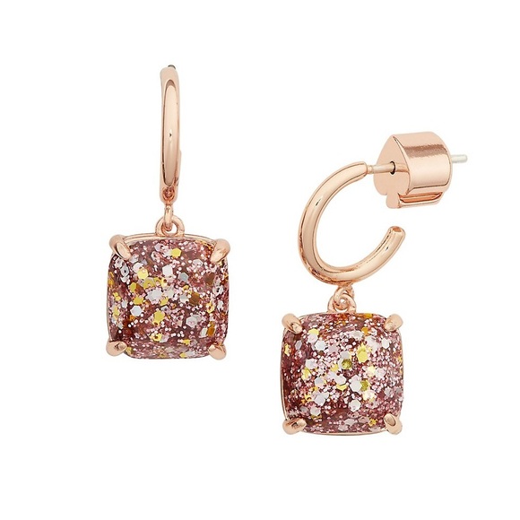 ♠️ Kate Spade New York Mini Small Square Huggies Earrings - Rose Gold Glitter - Picture 1 of 4
